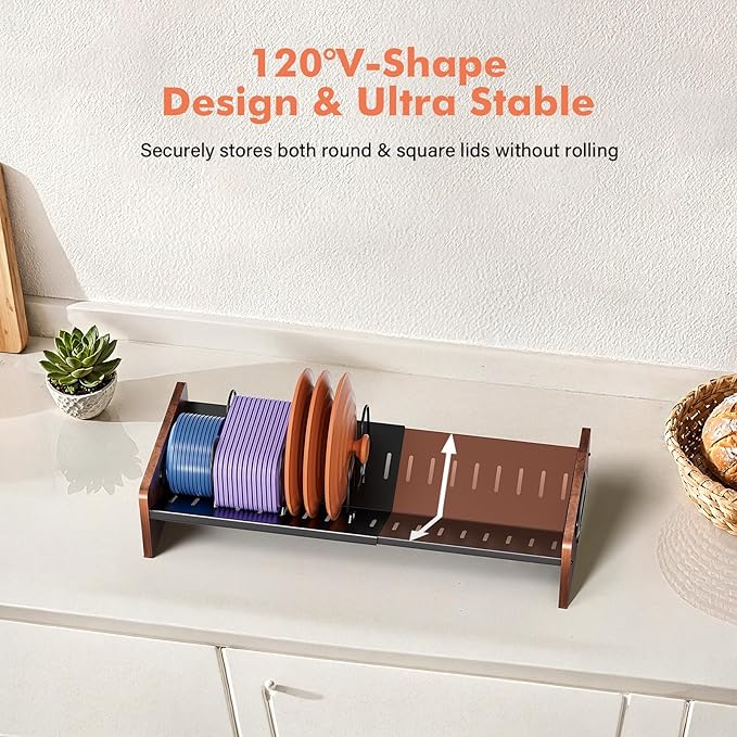 Expandable Food Container Lid Holder Organizer, Adjustable 13.97-22 Inch V-Shaped Kitchen Cabinet Storage Rack with 20 Slots & 6 Adjustable Dividers for Lids, Cutting Boards, Baking Pans