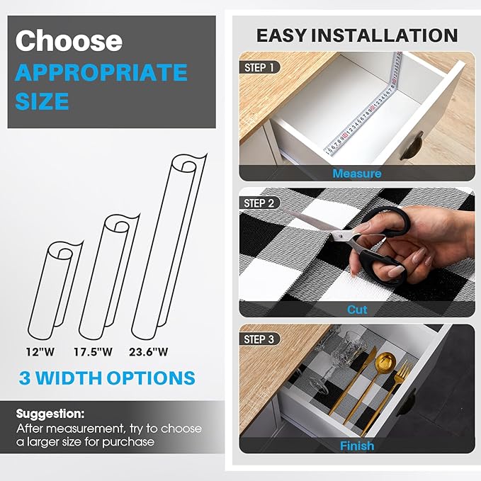 Coavas Extra Grip Thickened Shelf and Drawer Liner - Non-Adhesive Non-Slip Waterproof Mats for Kitchen Cabinets, Drawers, Shelves, Dresser & Cupboard, Easy Cut DIY (Black Stripe, 12IN x 20FT)