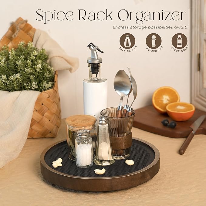EOSAHR Non-Skid Wooden Lazy Susan for Table Top â Farmhouse 10.5" Bathroom Tray, Spice Rack and Vanity Tray - Stylish Bathroom Counter Organizer with Rubber Mat (Brown)