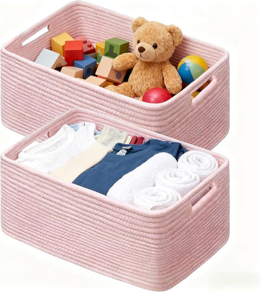 UBBCARE 2 Pack Storage Baskets for Shelves, Large Woven Storage Baskets, Dog Toy Bins, Baskets for Organizing Clothes, Towels, Books, Blanket, 17"L x 13"W x 7.5"H, Pink