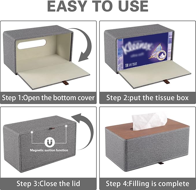 Tissue Box Cover Rectangle Tissue Box Holder PU Leather Facial Organizer with Magnetic Bottom,Decorative Napkin Caddy for Vanity Dresser Night Stand Table Countertop Home Office Car,Grey