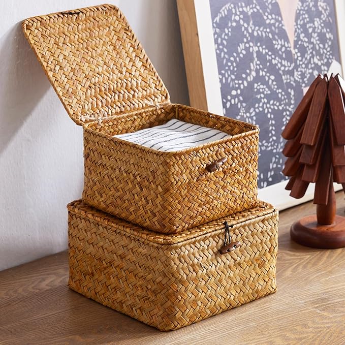 Wicker Storage Box with Lid, Handwoven Baskets for Storage, Square Decorative Baskets Bins Container for Shelf Organizing Home, Set of 3, Natural