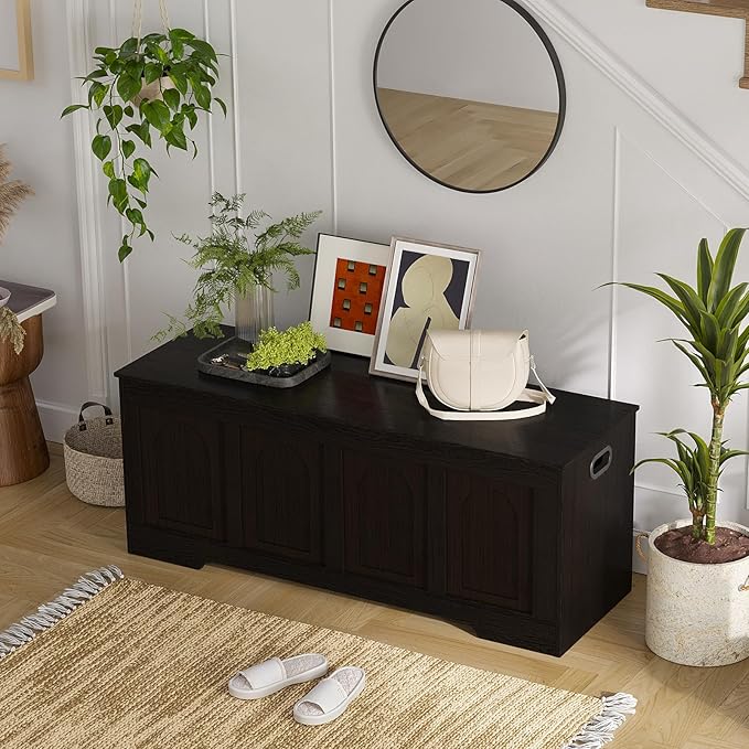 DINZI LVJ Storage Chest, 47.2âWooden Storage Box with 2 Safety Hinges, Entryway Shoe Bench with Flip-Top, Large Trunk for Living Room, Bedroom, Easy Assembly, Espresso