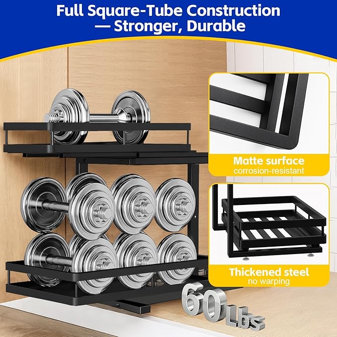 Under Sink Organizer, Dual-Rail Ball-Bearing, Under Kitchen Sink Organizer, 6-Level Adjustable, Under Cabinet Organizer, No-Drill Adhesive/Suction, Under Sink Storage (Black, Double Layer - 1 Pack)