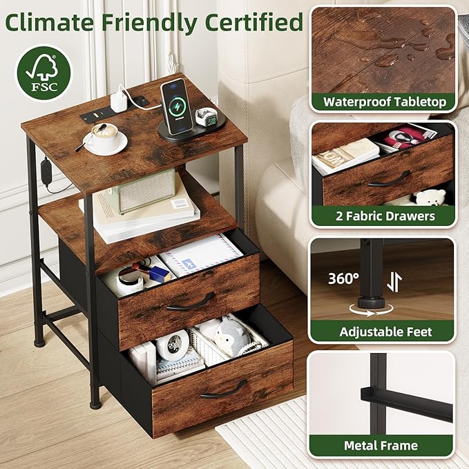 Somdot 2 Drawers Nightstand with Charging Station and LED Light for Bedroom, Small Dresser with Fabric Bins for Bedside Kids Dorm Room Closet Laundry Entryway, Wood Grain Print