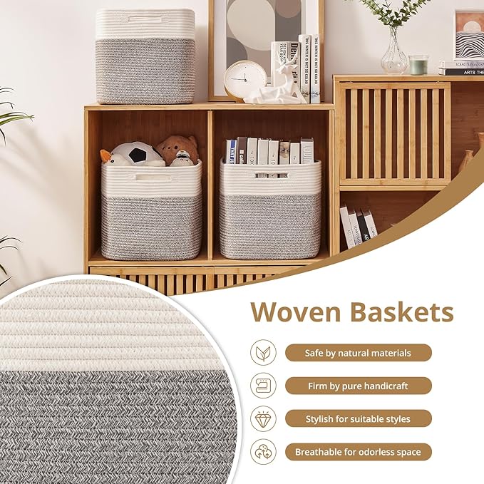 OIAHOMY 13 Kallax Inch Cube Storage Bins, 3-Pack Cotton Rope Woven Baskets for Organizing, Kallax Insert Storage Baskets for Shelves, Baby Nursery, Closet Organizer, 15 * 13 * 12.6IN, Grey & White