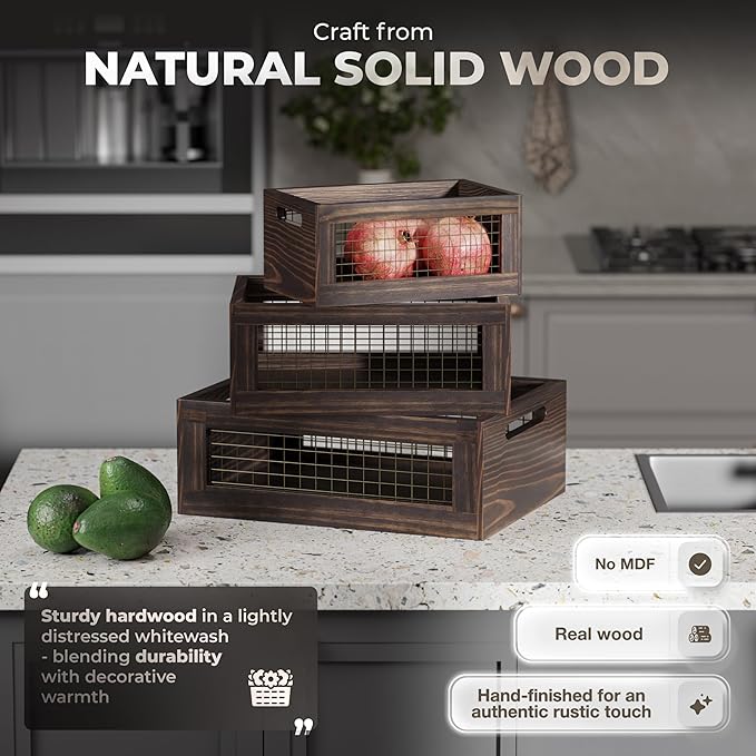 Set of 3 Extra Large Wooden Nesting Countertop Baskets, Rustic Wood Storage Organizer for Kitchen, Pantry or Bathroom – Fruit, Vegetables, Bread Crates with Handles (Largest 16")