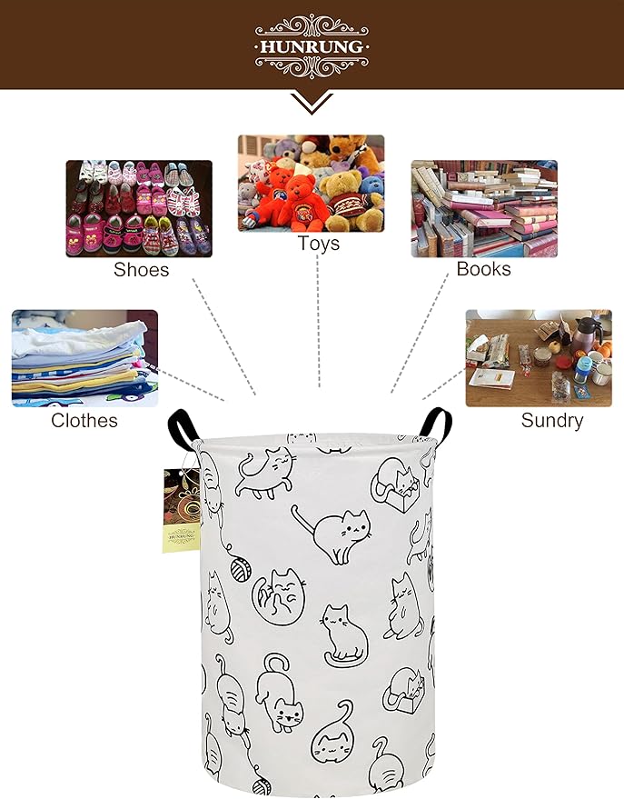 HUNRUNG Laundry Hamper,Large Canvas Fabric Lightweight Storage Basket Toy Organizer Dirty Clothes Collapsible Waterproof for College Dorms, Children Bedroom,Bathroomï¼Round catï¼