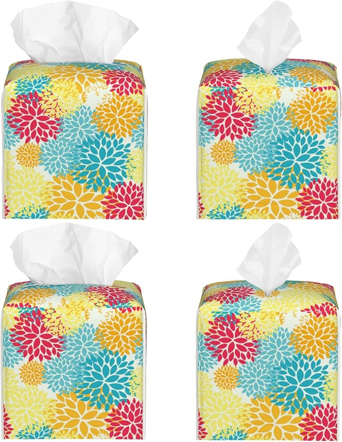 Chrysanthemum Flower Tissue Box Cover Leather Tissue Box Holder Square Facial Paper Organizer Dispenser for Bathroom Kitchen Bedroom Vanity Countertop Night Stands