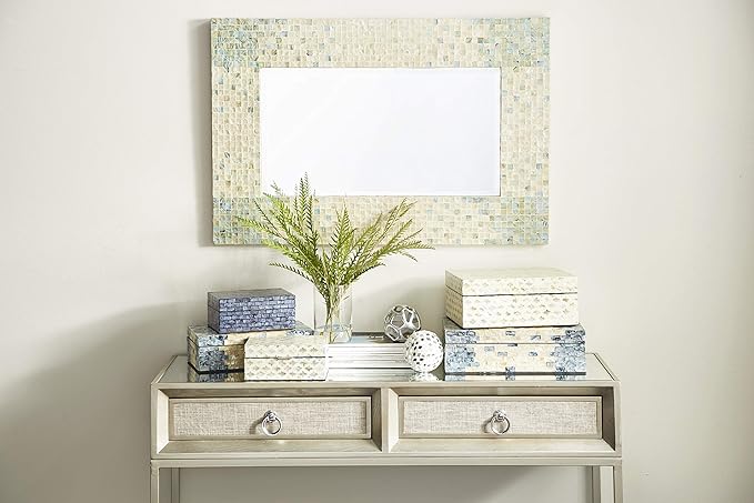 Deco 79 Mother of Pearl Shell Geometric Handmade Decorative Box Storage Decorative Keepsake Boxes with Hinged Lid, Set of 2 Storage Boxes 12", 8"W, Cream