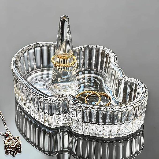 kanpura Double Heart Shape Decorative Ring Tray Crystal Glass Trinket Tray Jewelry Dish Organizing Necklace Earrings Birthday Mother's Day Gifts for Mom Best Friend Sister, Clear