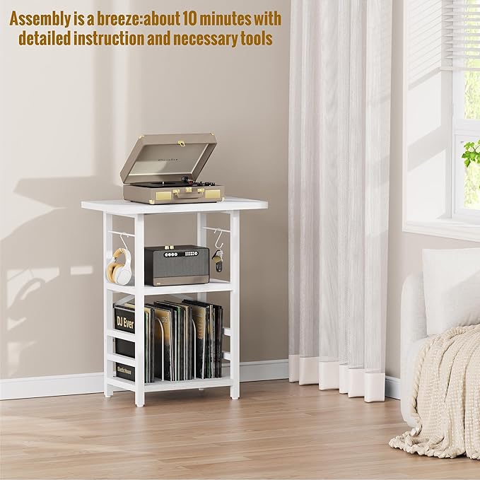 Record Player Stand with Extended Desktop,Large Record Player Table with Vinyl Storage,Turntable Stand with Record Holder Vinyls Display Shelf for Music Room Studio,White