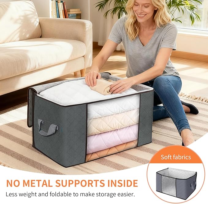 90L Extra Large Clothes Storage Bags, 6 Pack Blanket & Clothing Storage Bins, Foldable Closet Organizers with Clear Window and Reinforced Handles for Clothing, Blankets, Bed Sheets and Pillows