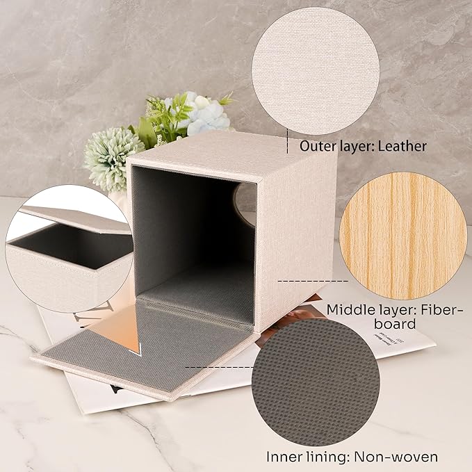 Square Tissue Box Cover Holder - Premium PU Leather Decorative Cube Facial Napkin Dispenser - Magnetic Bottom for Bathroom Vanity Bedroom Nightstand Office Desk (Cream White)