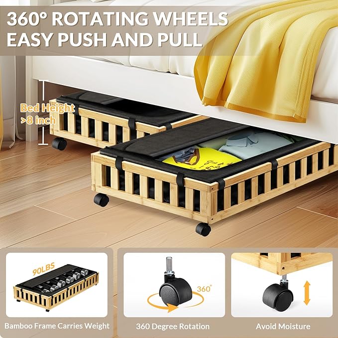 2 Pack Bamboo Under Bed Storage with Wheels, 39âx20âx7.8â Lager Under Bed Storage Containers (Natural)