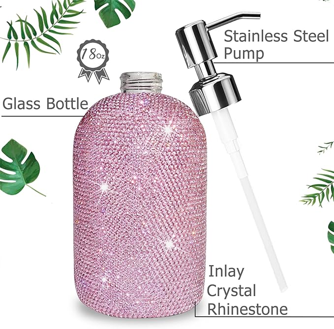 SlowVibes 18Oz Bling Pink Glass Soap Dispenser with Rust Proof Stainless Steel Pump,Refillable Liquid Hand Wash Bottle for Bathroom Kitchen,Sparkle Decorative Rhinestone Shower Lotion Dish Dispenser