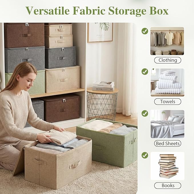 ANMINY 2PCS Storage Bins with Zipper Lids 36 Qt Lidded Fabric Storage Boxes Baskets Cubes with Handles Collapsible Washable Cotton Linen Closet Shelf Clothes Organizer Containers - Green, Large