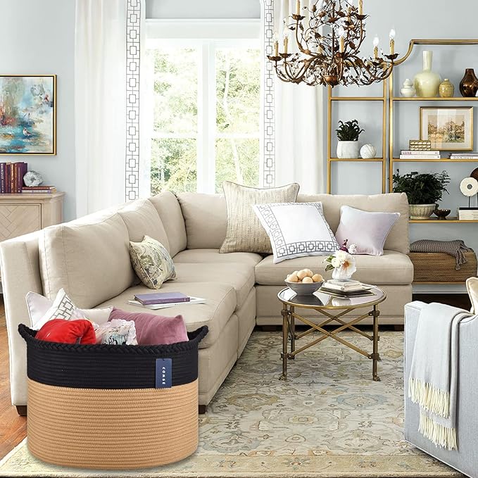 COMSE Extra Large Blanket Basket, Woven Laundry Basket, 21.7âx 13.8â, Nursery Hamper, Cotton Rope Laundry Hamper Living Room for Storage Toys Clothes Towels (Black & Camel)