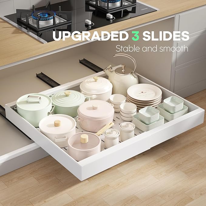 4 Pack Pull out Cabinet Organizer 21" Deep With Raising Pad for Framed Cabinets,Expandable (15.2"-26.3"W) Slide out Drawers for Kitchen Cabinets with 4pcs Divider Racks,Roll out Shelves,White