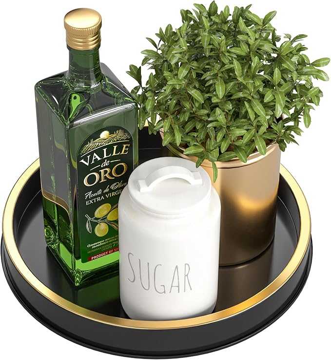 HGF Round Serving Tray, Black Brushed Gold, 9 Inch Metal Trays for Napkin Holder Condiment Spice Organizer, Decorative Tray for Coffee Table Kitchen Decor