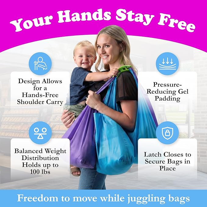 Click & Carry Grocery Bag Carrier Handle - Carry More in Fewer Trips, 100lb Capacity, Hands-Free, Gel-Padded Ergonomic Design, Shopping & Grocery Bag Holder - As Seen On Shark Tank, Green, 1 Pack