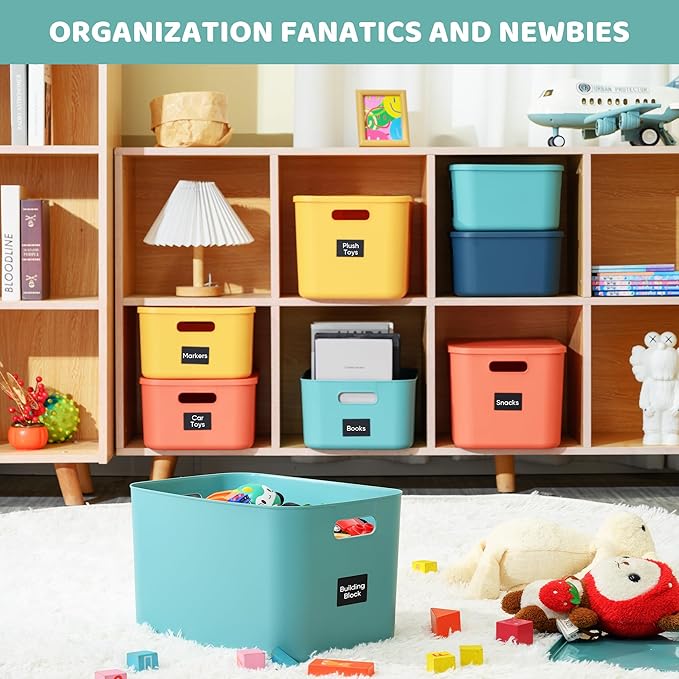 Plastic Storage Bins with Lid, Stackable Storage Containers for Organizing, Decorative Storage Baskets for Shelves Living Room Playroom Classroom Office (4 Large + 4 Small)
