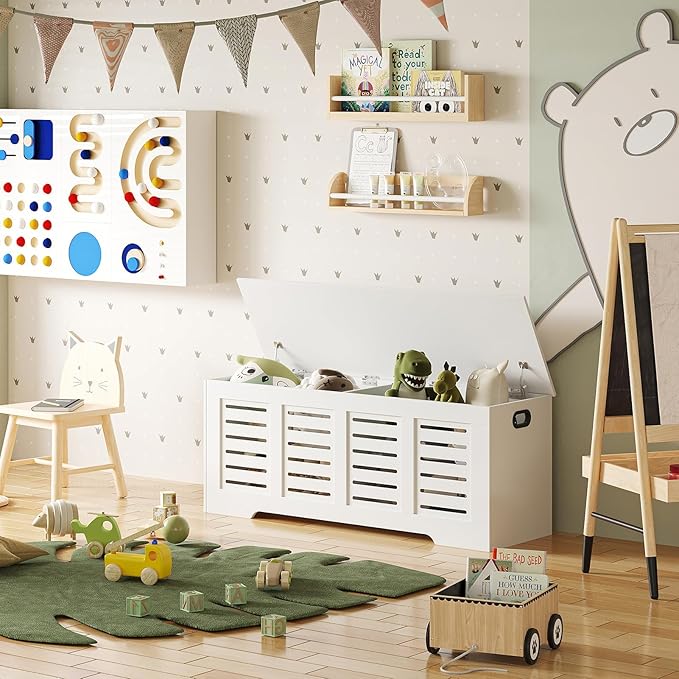 DINZI LVJ Storage Chest, 47.3â Wooden Toy Box with 2 Safety Hinges, Retro Entryway Shoe Storage Bench with Flip-Top, Sturdy Large Storage Trunk for Living Room, Bedroom, Easy Assembly, White