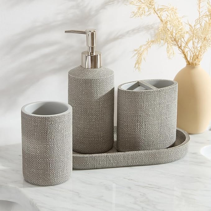 Tahari Home - Bathroom Set, Resin Countertop Accessories, Includes Toothbrush Holder, Tumbler, Vanity Tray & Lotion Pump, Textured Design (Astor Light Grey, 4-Piece)