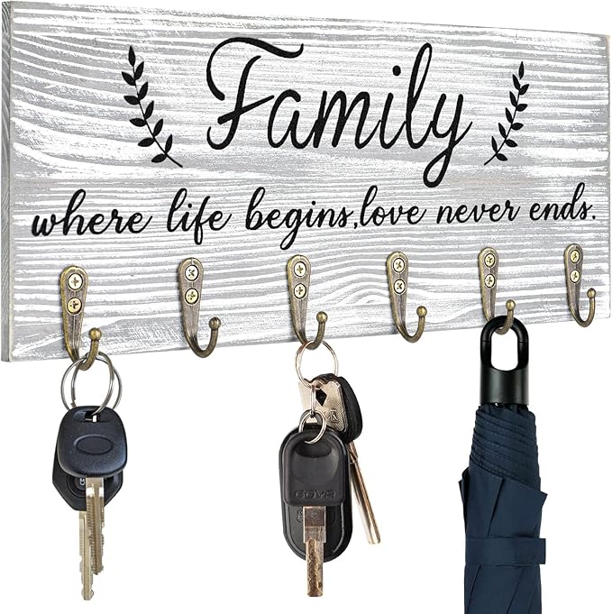 AHYS Key Holder Wall Mount Rustic Wooden Key Rack with 6 Hooks for Farmhouse Home Entryway Living Room Decor - Light Grey