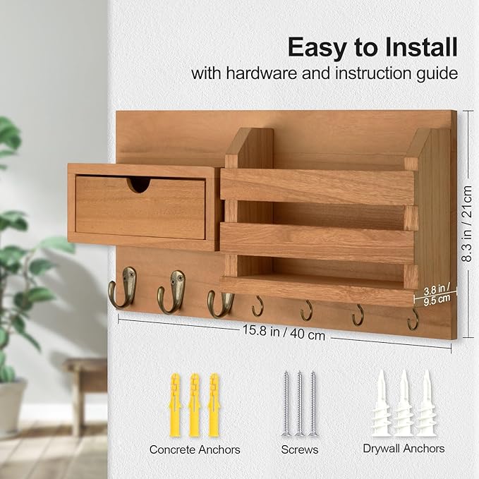Wall Mount Key Holder with Mail Organizer, 100% Paulownia Wood, 7 Metal Hooks, Storage Drawer, Entryway Home Decor