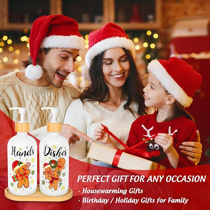 2Pcs Christmas Soap Dispenser Refillable Liquid Container Gingerbread Man Candy Glass Soap Dispenser with Pump for Xmas Holiday Home Kitchen Countertop Decor