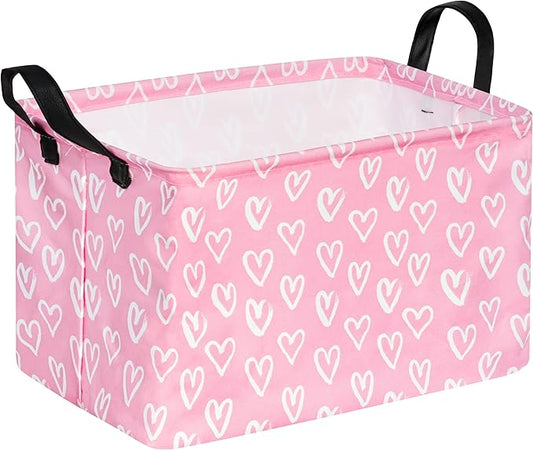 Rec Heart Print Box Hamper Storage Basket Collapsible Organizer Bin Gift Shelf Baskets for Home and Kitchen Storage