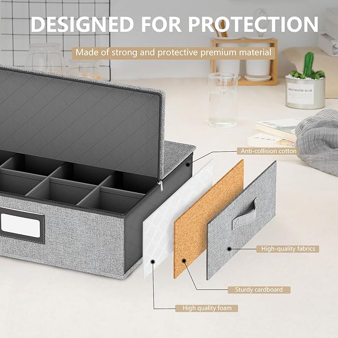 homyfort Coffee Mug Storage Box Organizer with Dividers, China Tea Cup Storage Containers Hard Shell, Service for 24 Coffee Mugs or Tea Cups (Grey)