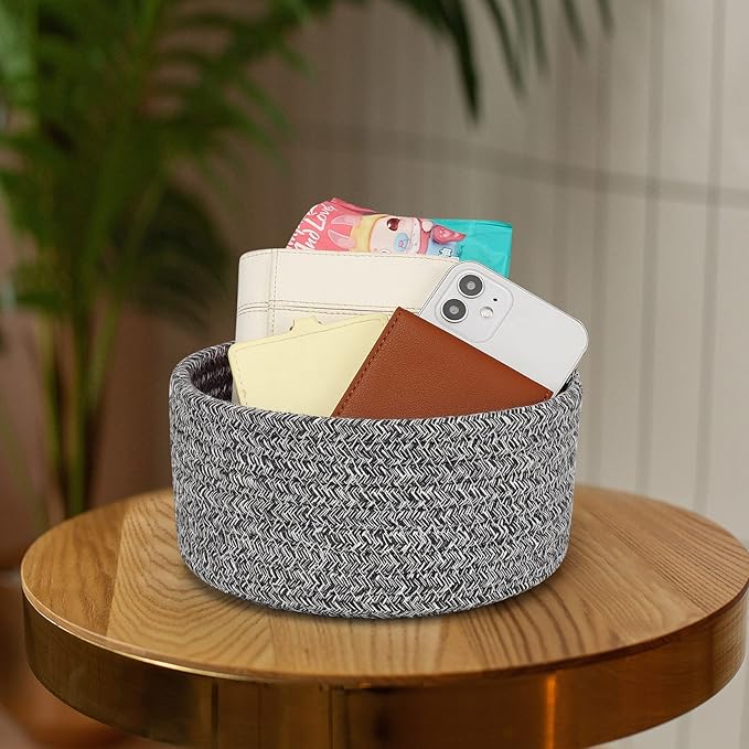 ABenkle Small Woven Basket, Empty Tiny Shallow Storage Basket, Mini Cotton Rope Baskets, Round Decorative Hamper, Basket Storage Bins for Toys, Spa, Socks, Nursery, Living Room- MIxed Grey