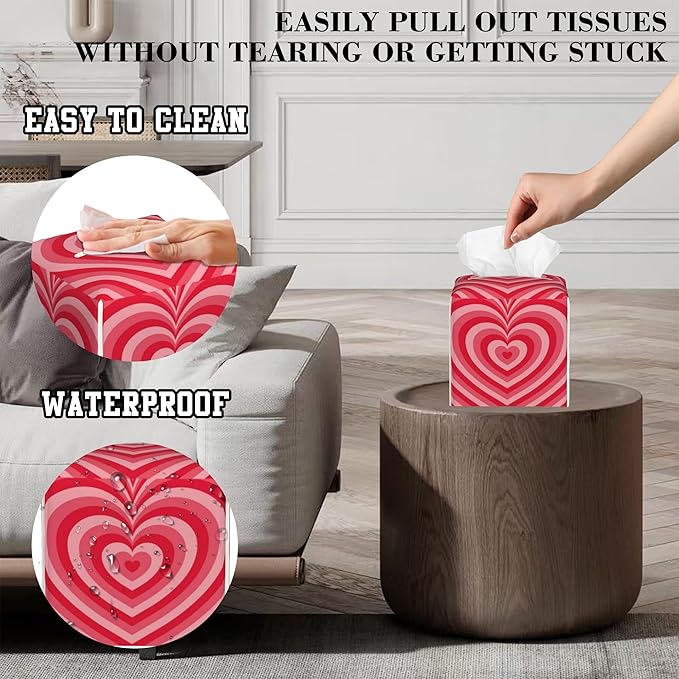 Tissue Box Cover Red Heart Leather Tissue Box Holder Cube Paper Case Cover Facial Paper Organizer Dispenser for Bathroom, Vanity Countertop, Office Desk