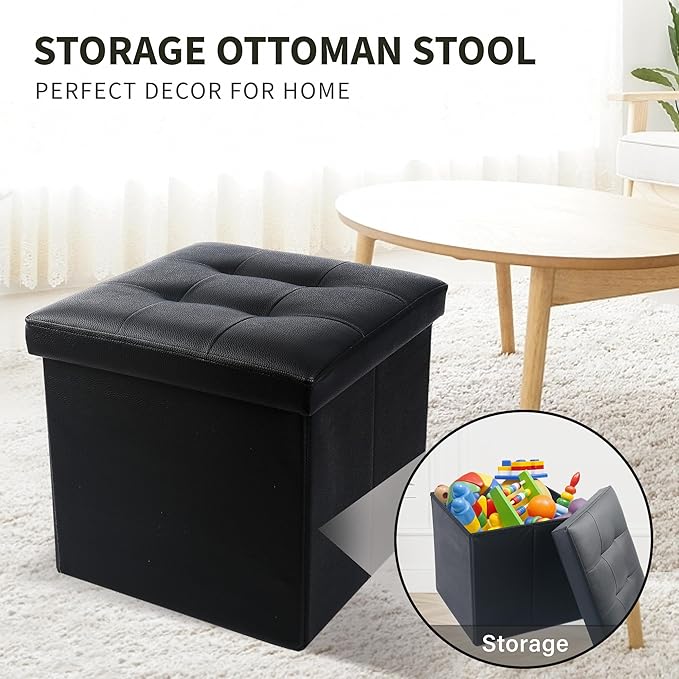 LotFancy Storage Ottoman, Foldable Foot Rest Stool, 13x12x12 Inches Small Leather Bench with Storage, Holds up to 260 lb, for Living Room, Bedroom, Dorm, Black