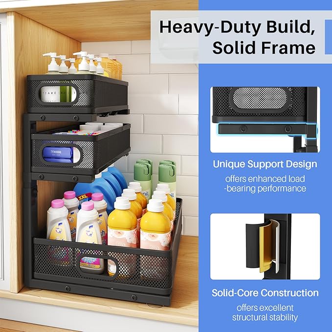 HERJOY Under Sink Organizer, 1-Pack 3-Tier Height Adjustable Thickened Metal Pull out Cabinet Organizer Shelf, Slide out Storage Drawer Rack for Bathroom Kitchen Pantry Home Laundry Organization