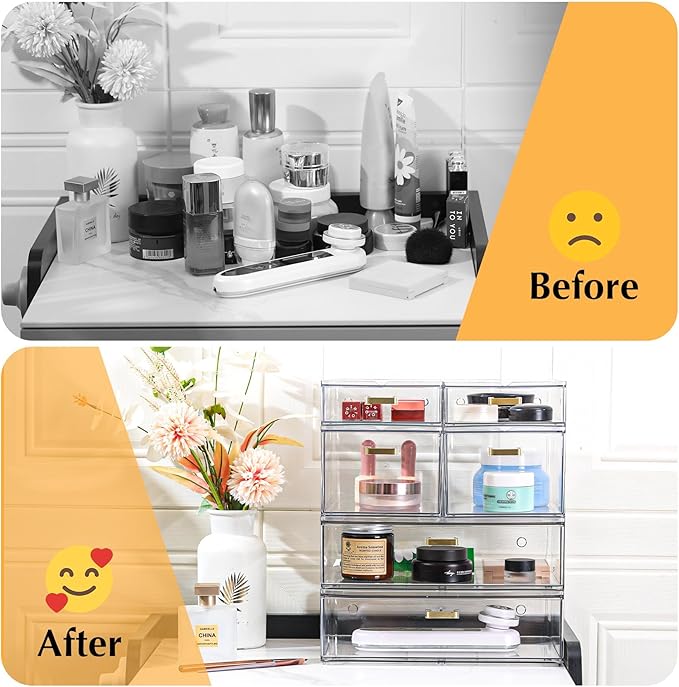 Stackable Storage Drawers, 6 Pack Clear Acrylic Organizer Bins with Golden Handles, Multi-Size Plastic Drawers for Makeup, Vanity, Kitchen, Bathroom, Office, Pantry Organization and Storage