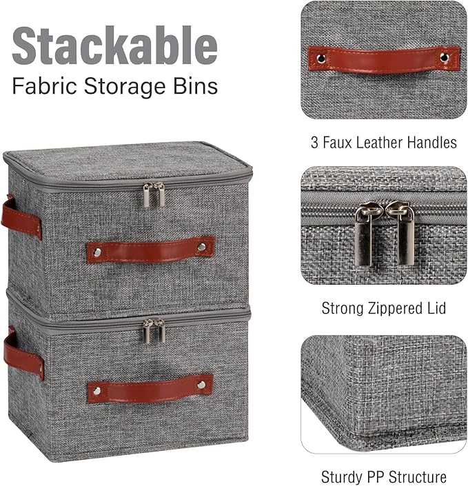 Storage Bin Box with Zippered Lid Cotton Linen Fabric Decorative Basket with PU Leather Handles PP Plastic Board Foldable Lidded Clothing Shelf Closet Organizer Container (Gray, Small)