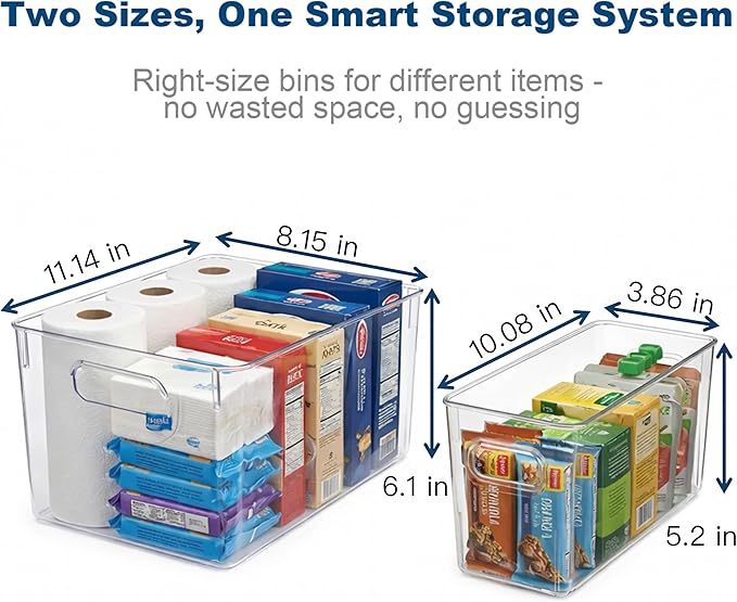 MOONEDGE 4 Pack Modular Clear Plastic Storage Organizer Bins â 2 Large & 2 Narrow, Nestable Space-Saving System for Pantry & Kitchen Storage, Fridge, Bathroom & Cabinet