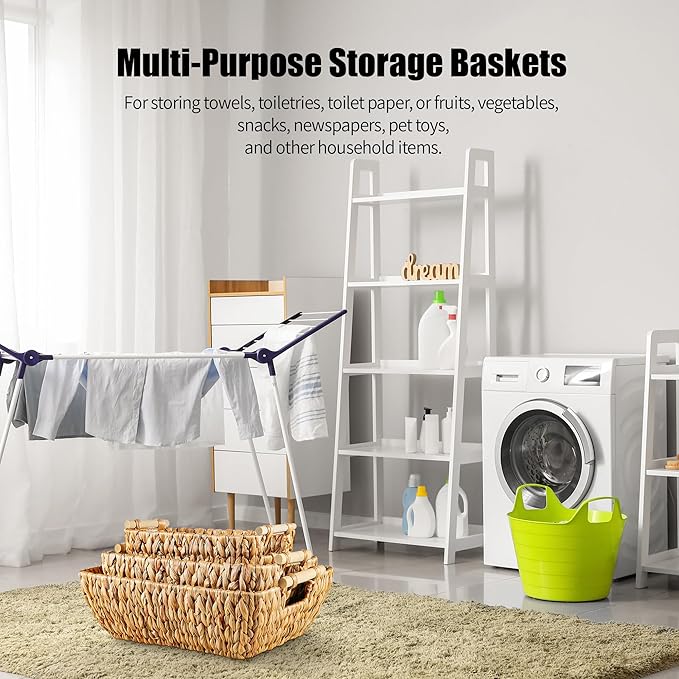Woven Storage Baskets â Set of 3 Handwoven Water Hyacinth Wicker Baskets with Wooden Handles for Organizing, Decorative Baskets for Laundry Room, Home Decor - Large, Medium & Small