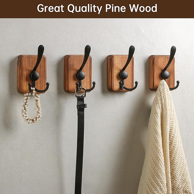4 Pack Wooden Wall Hooks, Adhesive and Screw Mounted for Heavy Duty, Boho Decorative Coat Hooks for Towel, Clothes, Blanket, Hat, Entryway, Nursery Door