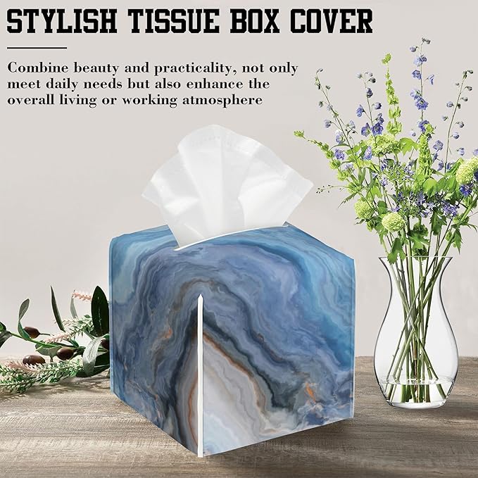 Tissue Box Cover Blue and Grey Marble Leather Tissue Box Holder Cube Paper Case Cover Facial Paper Organizer Dispenser for Bathroom, Vanity Countertop, Office Desk