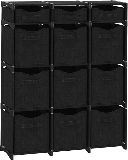 12 Cube Storage Organizer With Bins Included - Closet Storage With 12 Storage Bins - Easy To Assemble Storage Unit With Drawers - Closet Organization For Clothes, Bedroom, Nursery, & Toys (Black)