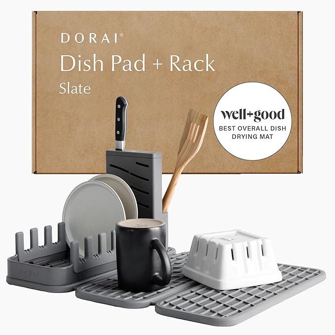 Dorai Home Collapsible Dish Drying Rack with Stone Dish Pad - Kitchen Counter Set with Diatomaceous Earth Stone Dish Mat for Quick Drying - Space-Saving Design - Original 19.9"x15.2", Slate