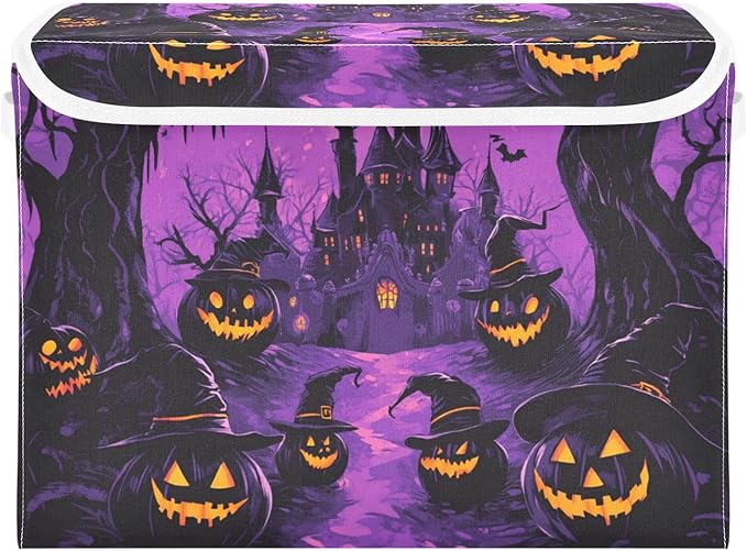 Collapsible Storage Bins with Lids Decorative Fabric Storage Cubes Closet Organizer and Storage Basket Boxes Containers for Clothes Box Chest Nursery Folding Rectangle Purple Castle Pumpkin