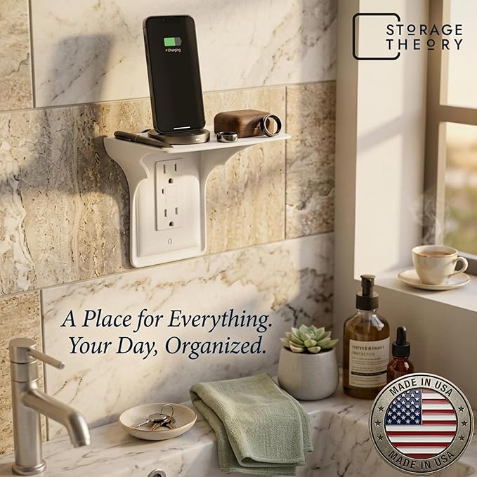 BeraTek Power Perch Wall Outlet Shelf with Cord Storage Strap - Declutter & Reclaim Counter Space - Alexa Holder, Charging Stand, Apple Homepod Mini Wall Mount - White, 1-Pack