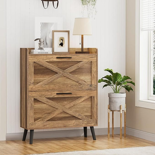 32" W Farmhouse Shoe Storage Cabinet with 2 Flip Drawers and Barn Door Design, Adjustable Shelves, Hidden Slim Narrow Shoe Rack Cabinet for Entryway, Foyer, Hallway, Living Room, Rustic Walnut