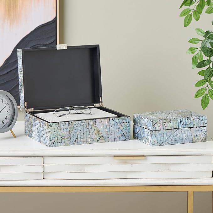 Deco 79 Mother of Pearl Shell Abstract Handmade Decorative Box Angular Mosaic Storage Decorative Keepsake Box with Iridescent Finish, Set of 2 Storage Box 12", 8"W, Multi Colored