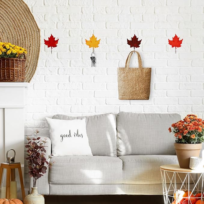 JarThenaAMCS 12Pcs Fall Leaf Hooks Maple Leaf Wood Coat Hook Decorative Towel Hanger Wall Mounted for Autumn Bathroom Bedroom Kitchen Entryway Decor